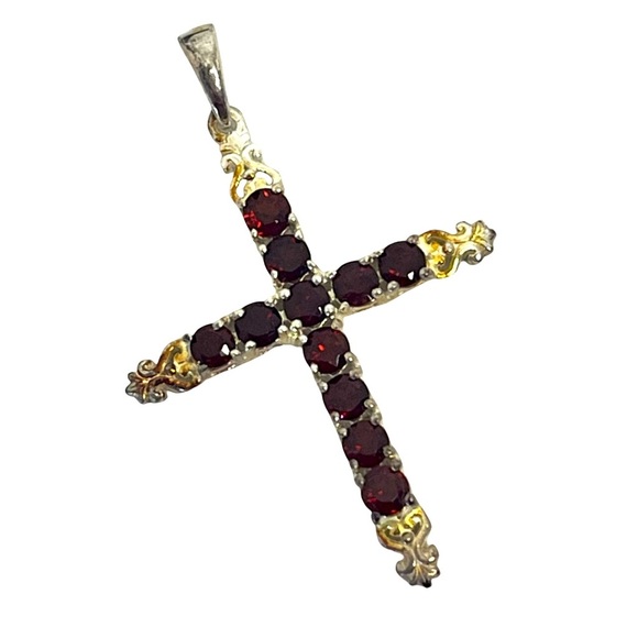 Jewelry - Sterling Silver Cross Pendant with Garnet Colored Stones